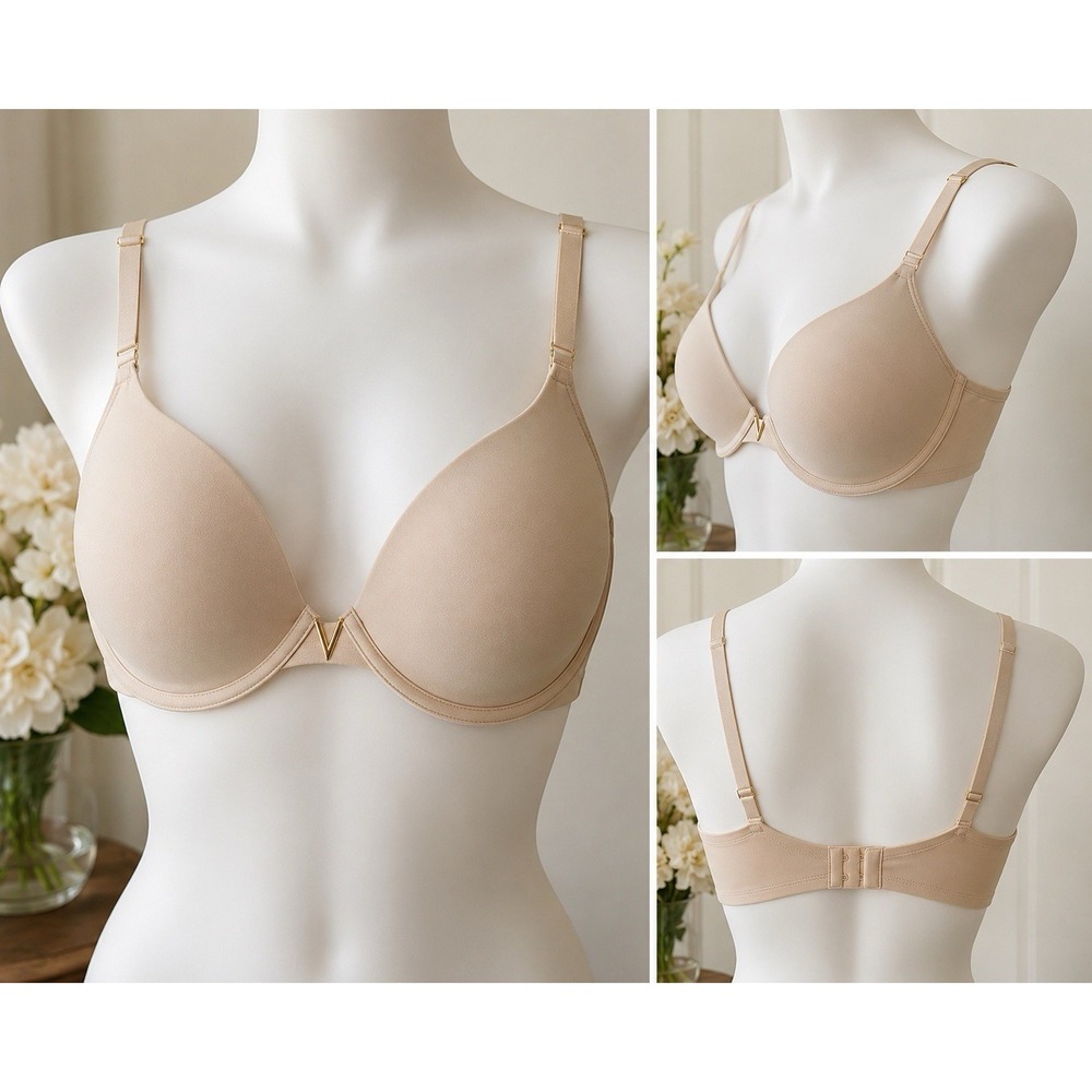 Victoria Secret Lightly Lined Demi Bra 36C Beige Nude Gold V Accent Underwire